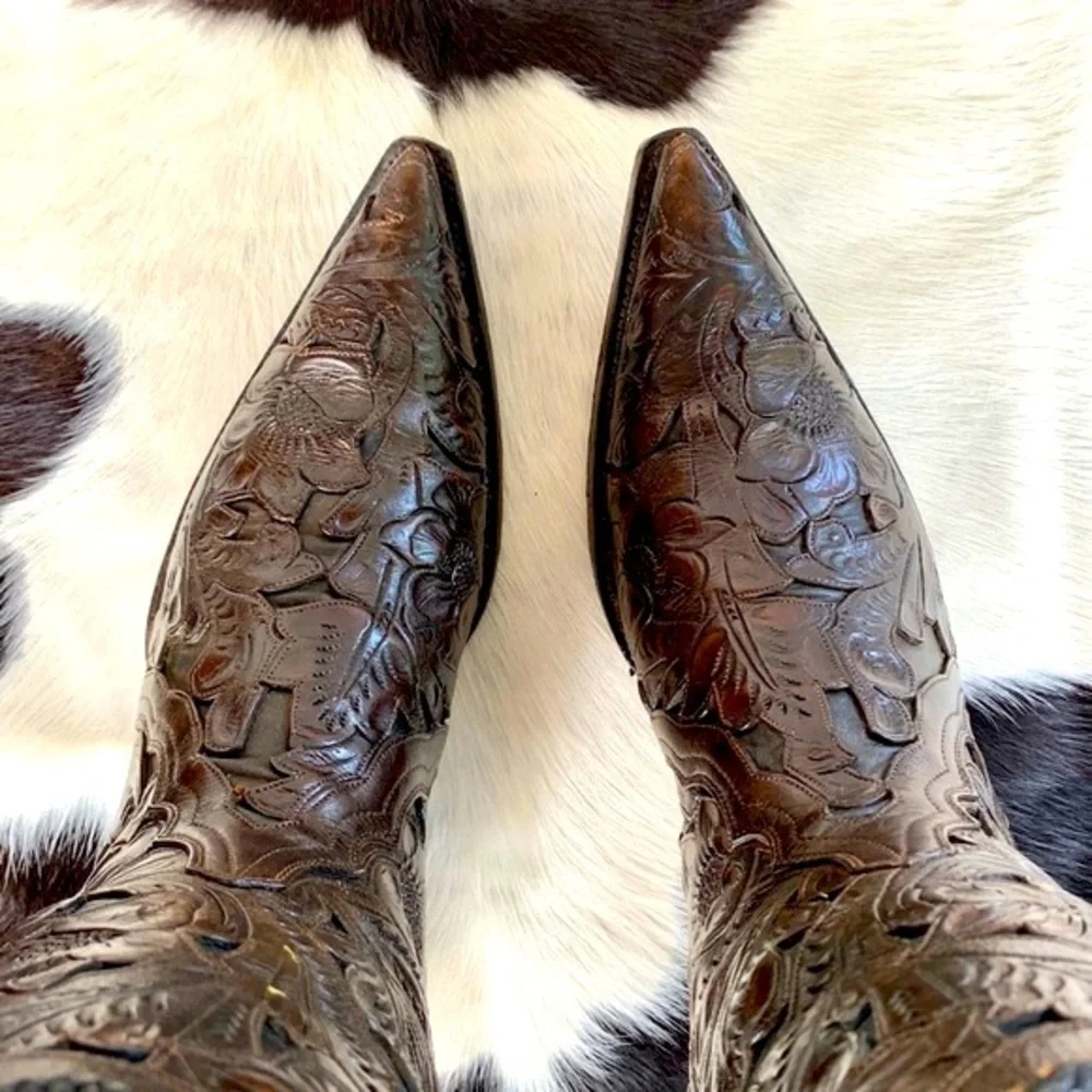 SOLD OLD GRINGO BOOT STAR Tooled Leather Handmade Brown Cowboy Western Boots 10 - Picture 11 of 14